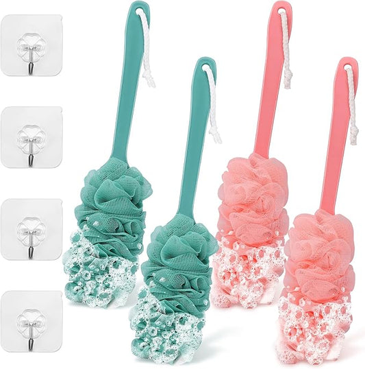 4Pack Back Scrubber for Shower Loofah with Long Handle, Shower Brush for Body, 17″ Loofah on a Stick for Men Women Bathing Accessories, Scrubber Sponge for Exfoliating Bath Brushes (Pink & Green)
