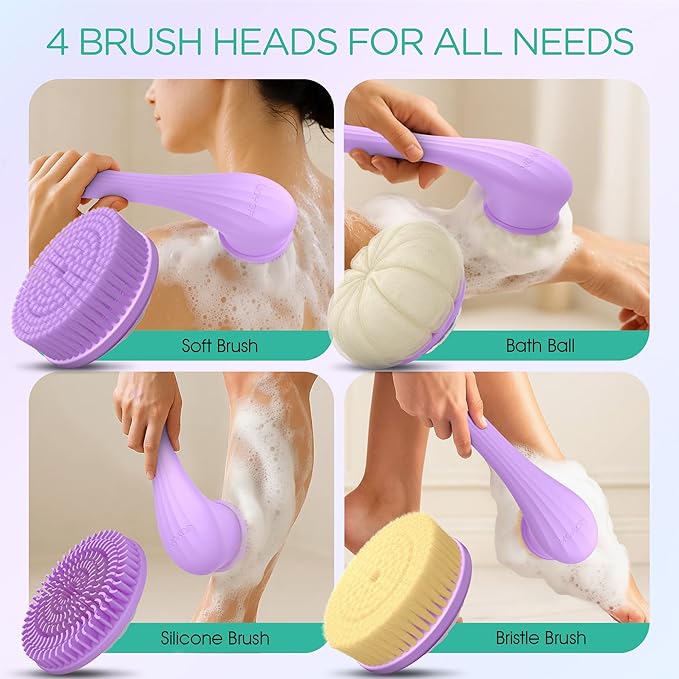 VOYOR Electric Body Brush Back Scrubber Silicone Body Scrubber Two-Way Rotating Brush Head for Deep Cleaning, Exfoliation, 4 Attachments Long Handle IPX6 Rechargeable Shower Brush BC300 (Purple)