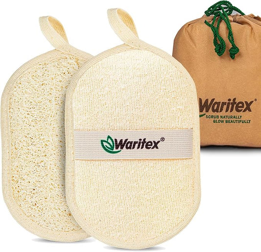 Waritex Egyptian Loofah Exfoliating Body Scrubber with Hand Strap, Oval Shower Pads Made from Natural Egyptian Loofah Fibers, Gentle Cleansing for Face and Body, for Men and Women 2 Count (1 Pack)