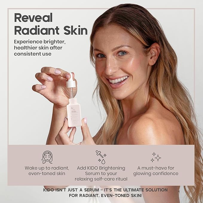 IKI Kido Brightening Serum - Reduces Dark Spots, Evens Skin Tone, Hydrates Deeply, Non-Irritating Formula, Kojic Acid, Alpha Arbutin, Retinol Serum for Face, Centella Asiatica, & Vitamin E