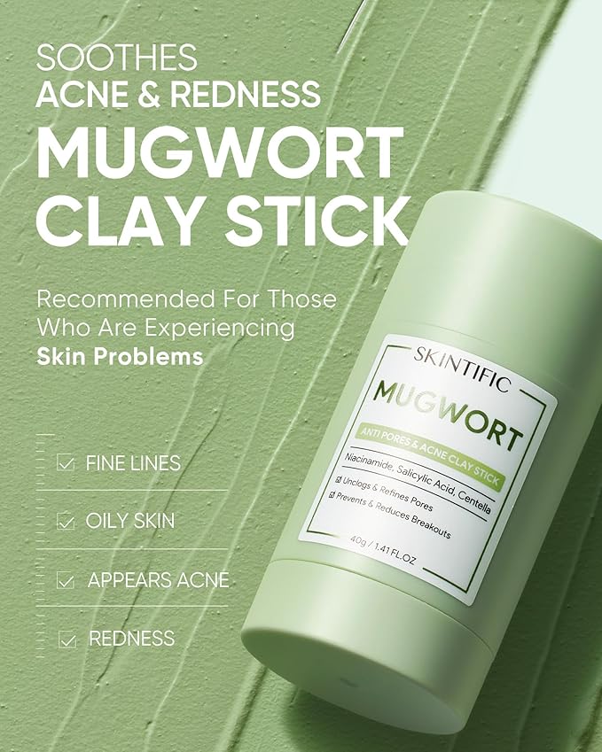 Mugwort Clay Stick Mask for Face, Mud Masks with Centella, Salicylic Acid, Gentle Exfoliation, Vegan Korean Skincare Wash-Off Facial Mask for Sensitive Skin