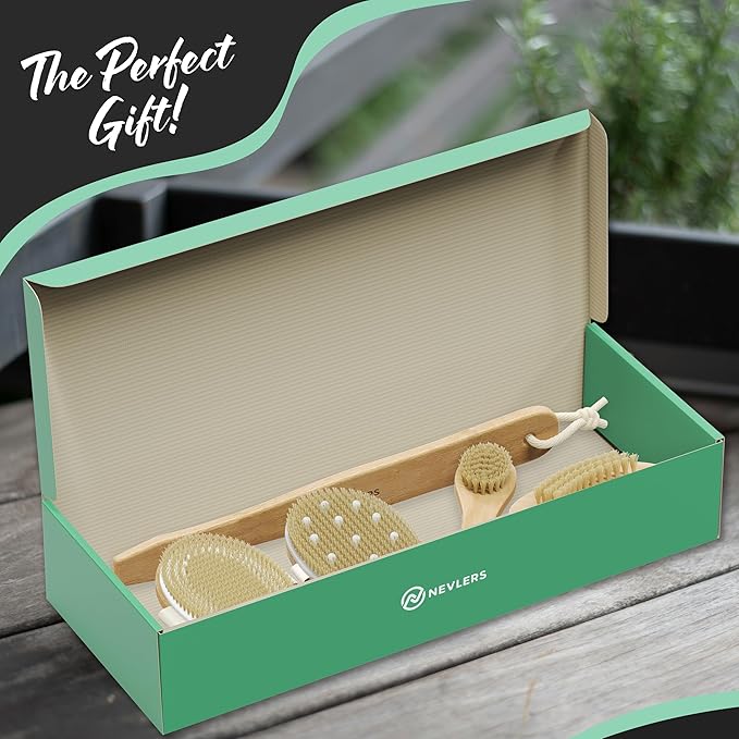 Nevlers Natural Boar Bristle Dry Brush for Body Massage 5-Piece Set | Detachable Long Wooden Handled Back Scrubber for Shower, Body Scrubber Exfoliator, Face Brush, Manicure Tool & Cloth Travel Bag