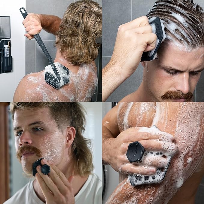 TOOLETRIES The Scrub King - Men's Silicone Body and Face Scrubber Set - Back Scrubber for Shower, Body Scrubbers, Storage Hooks, & Face Brush Holder - Shower Accessories for Men - Charcoal