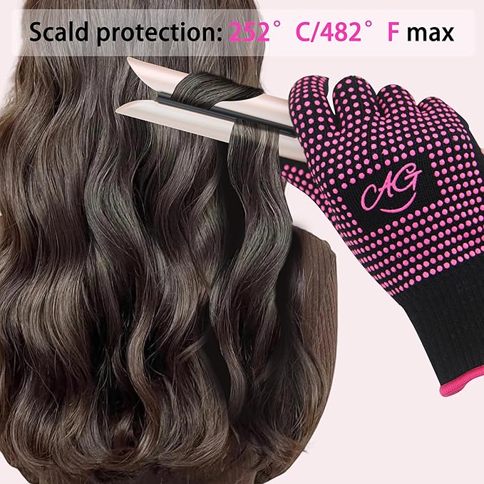 ANGENIL 2 Pcs Heat Resistant Gloves with Silicone Bumps, Heat Gloves for Hot Hair Styling, Professional Heat Proof Glove Suitable for Flat Iron Hair Straightener, Curling Wand and Thermal Brush, Pink