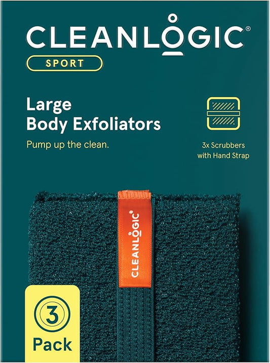 Cleanlogic Sport Exfoliating Body Scrubber, Large Exfoliator Tool for Athletes, Daily Skincare Routine for Smooth Clean Skin, Assorted Colors, 3 Count Value Pack