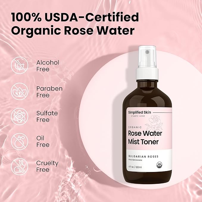 Rose Water Spray for Face & Hair – Pure USDA Organic Rosewater Toner – Refreshing Mist for Skin Care, Makeup & Locs – Natural Rose Scent, 4 Oz