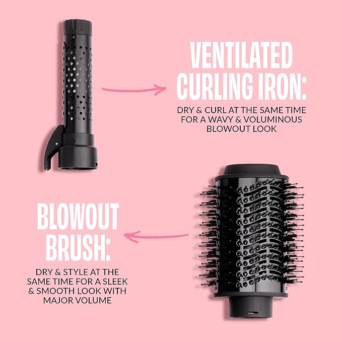 Foxybae Super Styler – 4-in-1 Blow-Dryer Brush Set - Diffuser, Blowout-Brush, 1.25” Curling Barrel & Drying Cylinder - Voluminous, Frizz-Free Hair - Dryer, Straightener & Curler (Black Rose-Gold)