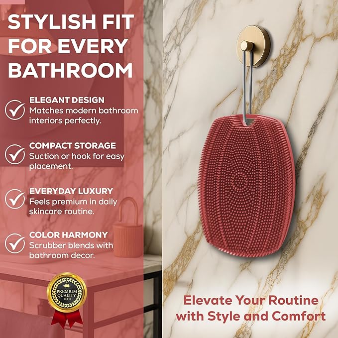 Silicone Body Scrubber – Exfoliating Shower Brush with Suction Handle & Hook | Soft Loofah Alternative for Sensitive Skin | Women, Men, Babies | Dusty Pink