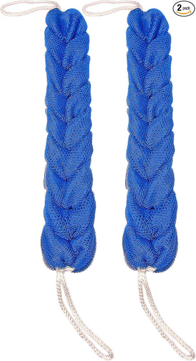 Long Stretch Back Sponge with Rope Handles Back Scrubber Bath Shower Mesh Sponge Exfoliating Body Scrub Stretch Braided Loofah for Men and Women(2-Pack,Blue)