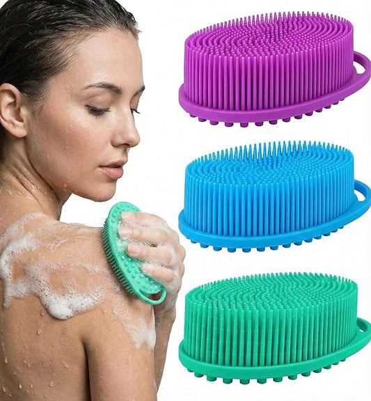 Silicone Body Scrubber Exfoliating 3 Pack, Shower Scrubber for Body,Loofah Alternative for Women Men, 2 in 1 Bath and Shampoo Brush with Handle,Body Exfoliator Tool for Skin, Back-Purple, Blue, Green