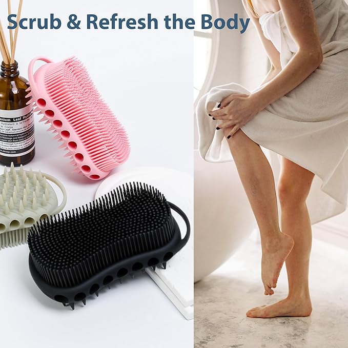 MtBoi 2PC Double-Sided Exfoliating Silicone Body Scrubber, 2-in-1 Bath Scrubber, Shampoo Brush, Silicone Loofah for All Skin Types, Shower Body Scrubber, Easy to Clean, Lather Well (Black&Pink)