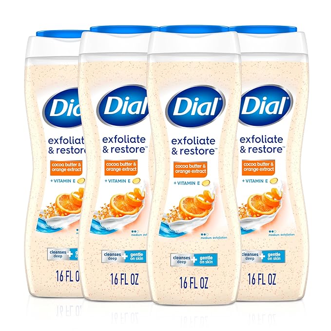 Dial Body Wash, Exfoliate & Restore Cocoa Butter & Orange Extract, 16 Fl Oz Pack of 4, With Vitamin E, Gentle, Leaves Skin Feeling Nourished, Dermatologist-Tested, No Parabens & Sulfates