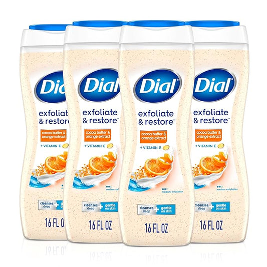 Dial Body Wash, Exfoliate & Restore Cocoa Butter & Orange Extract, 16 Fl Oz Pack of 4, With Vitamin E, Gentle, Leaves Skin Feeling Nourished, Dermatologist-Tested, No Parabens & Sulfates