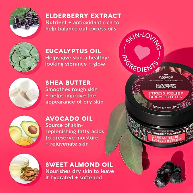 Nature's Beauty Elderberry Eucalyptus Stress Relief Body Butter Multi-Pack - Luxury Moisturizer, Unwind + Restore Your Skin, Made w/Shea Butter, Avocado + Sweet Almond Oil, 6.7 oz (2 Pack)
