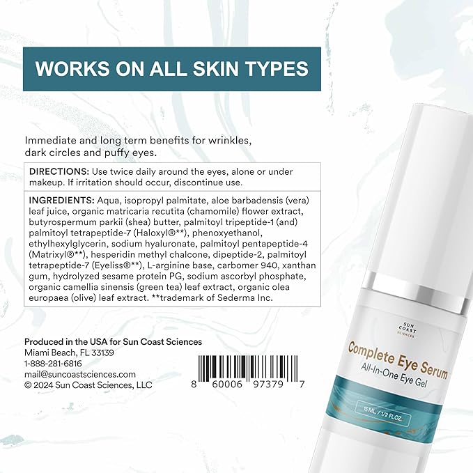 Sun Coast Sciences - Complete Eye Serum by Dr. Mark Rosenberg for Wrinkle Reduction, Dark Spot Fading, and Under-Eye Bags Treatment (Pack of 3)