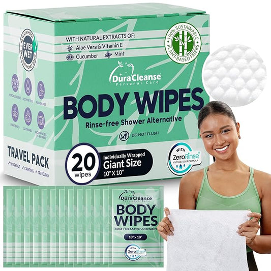Travel Body Wipes for Women - 20 XL Shower Wipes for Adults Bathing No Rinse - Individually Wrapped 10”x10” Disposable Washcloths - Feminine Hygiene Essentials, Gym, Backpacking, Camping Must Haves