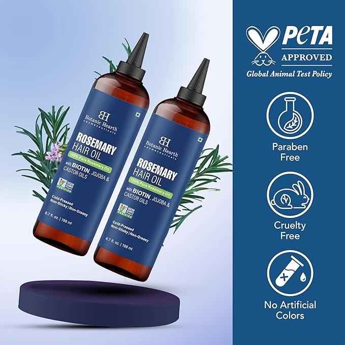 Botanic Hearth 100% Pure Rosemary Oil For Hair Growth | Infused with Biotin, Jojoba & Castor Oil | Hair Oil Repairs Dry Damaged Hair, Strengthening, Healthier - Hair Tonic, 6.7 fl oz - Pack of 2