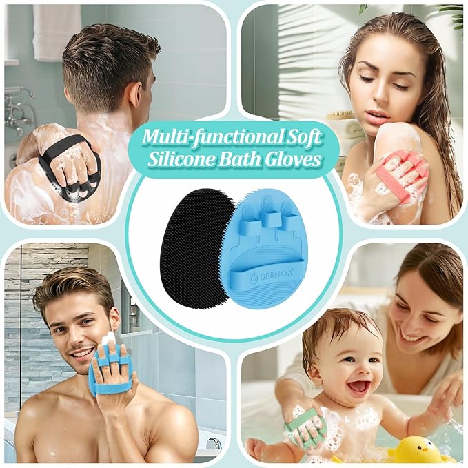 Silicone Back & Face Scrubber & Bath Glove Set 3PCS, 13.4'' Gentle Back Scrubber with Dual-Side Head, 360° Anti-Slip Bath Glove, Unique Side-bristled Face Scrubber for All-Round Cleaning(Blue)