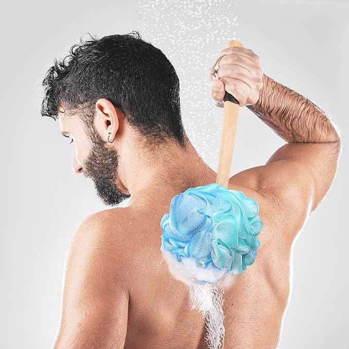 Loofah on a Stick PE Soft Mesh Luffa with Non-Slip Wooden Handle Made of Soft and Sturdy Rubber Material Back Scrubber for Shower for Women and Men with String for Easy Hanging(Blue Green White)