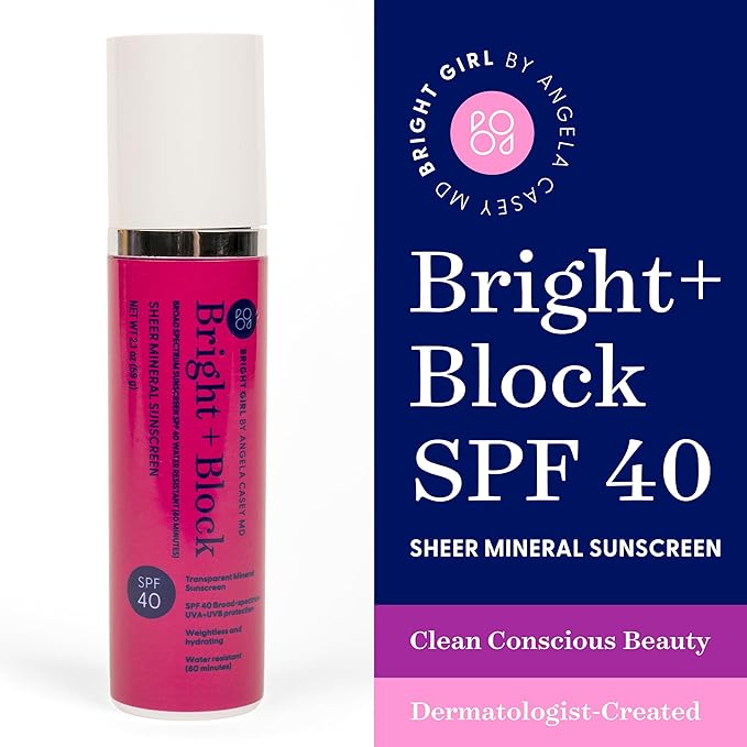 Bright+Block SPF 40 Sheer Mineral Sunscreen – Lightweight, Sheer & Water Resistant Mineral Sunblock for Sensitive, Acne-Prone & All Skin Types – Dermatologist-Developed | 2.1 fl oz.