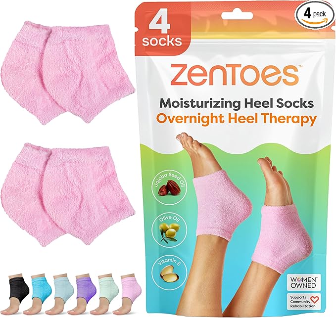 ZenToes Moisturizing Socks for Cracked Heel Treatment, Vitamin E, Olive Oil and Jojoba Oil Heel Socks, Stocking Stuffers for Women, Spa Self Care Gifts for Women (Fuzzy Pink, Regular)