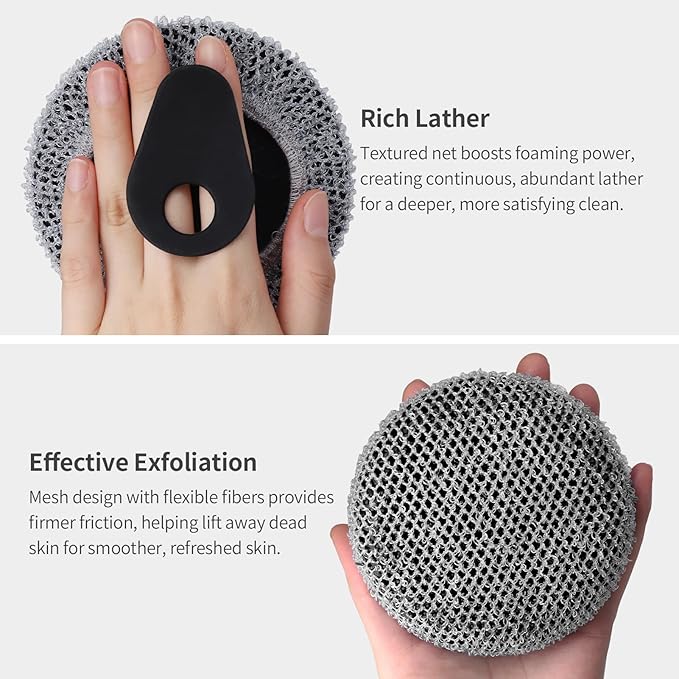 Silicone Body Scrubber with Scrub Net Set, BEAUTAIL 2 Pack for Rich Lather, Deep Cleansing, and Exfoliation – Durable, Easy to Clean, Gentle or Firmer Options – 1 Shower Brush Black, 1 Scrub Net Gray