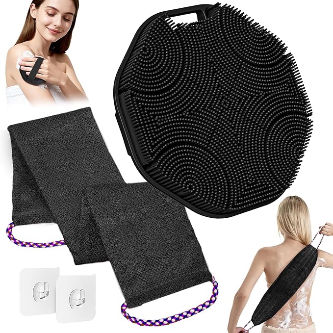 Manmihealth Soft Silicone Body Scruuber & African Bath Sponge Net Set, Gentle-Cleansing Shower Brush & Exfoliating Mesh Combination, Lathering Well Africa Wash Net Shower Scrubber (Black)
