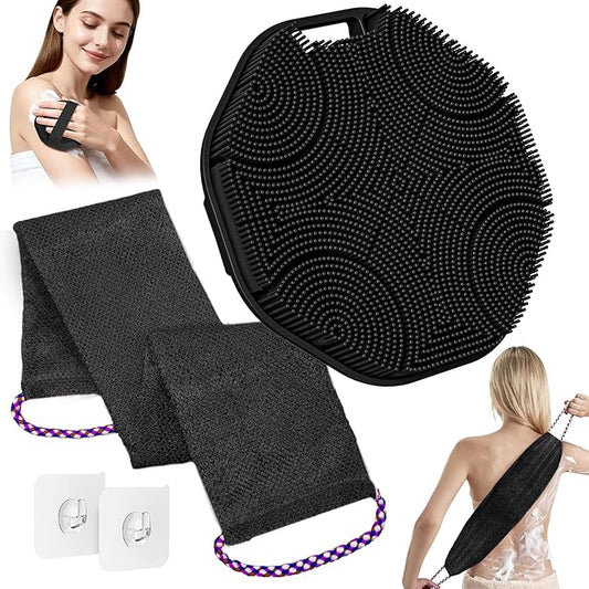 Manmihealth Soft Silicone Body Scruuber & African Bath Sponge Net Set, Gentle-Cleansing Shower Brush & Exfoliating Mesh Combination, Lathering Well Africa Wash Net Shower Scrubber (Black)