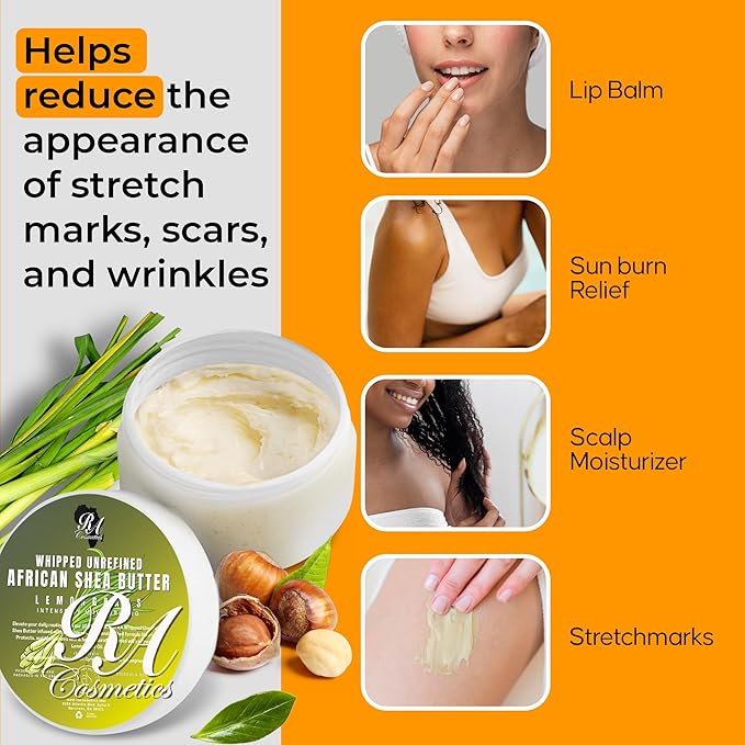 RA COSMETICS Whipped Shea Butter Lemongrass - 100% Pure and Natural African Shea Butter - Ultimate Handcrafted Moisturizer with Essential Vitamins for Radiant Skin and Luscious Hair - 6oz Jar