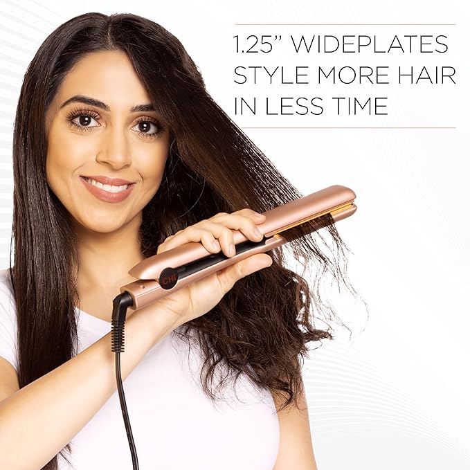 CHI Original Flat Iron Hair Straightener, Ceramic Floating Plates for Smooth Finish, Quick Heat Up Styling Tool, On/Off Switch, 1.25", Prosecco Please