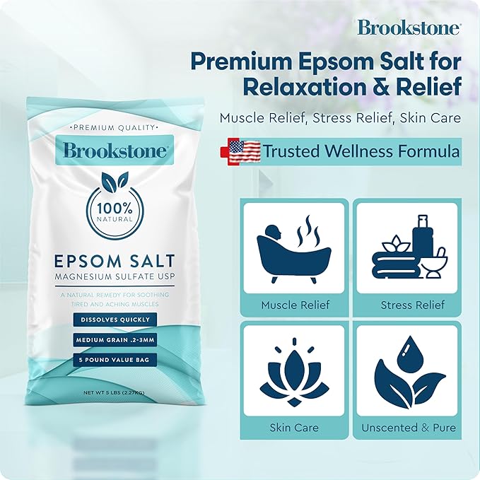 Brookstone 5 lb Epsom Salt Bulk Bag - Premium Magnesium Sulfate USP, Medium Grain Unscented Bath Soak Salt - Pure Epsom Salt for Bath, Foot Soak, Muscle Relief, Stress Relief & Skin Care
