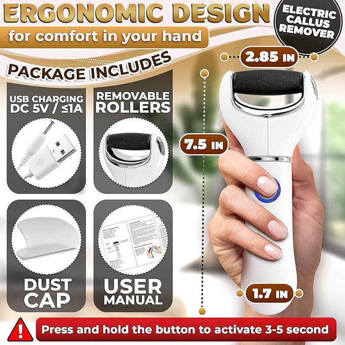 Rechargeable Electric Foot File Callus Remover – 3-Speed Foot Scrubber Electric (1800/2200/2800 RPM), Dry Skin Remover for Feet – 1200mAh, 70 Min Runtime, 2 Replacement Rollers 80 and 60 Grit