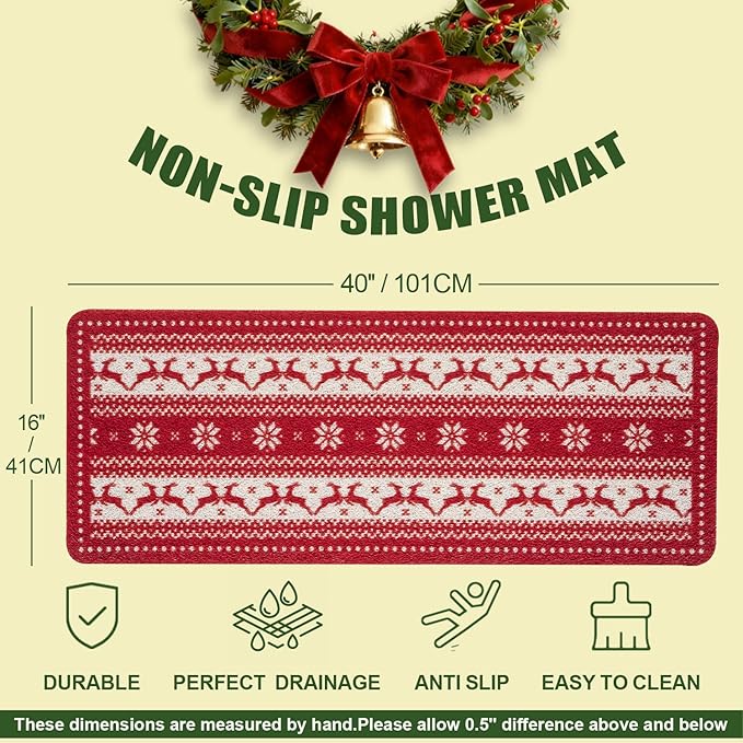 Christmas Non-Slip Bathtub Mat, Anti Slip Shower Mat, Fast Drying Bathtub Mats, Foot Scrubber Mat, Anti Slip Mat for Tub, Floor, Bathroom, Kitchen, Home, Hotel (Reindeer Snowflake, 40"x16")