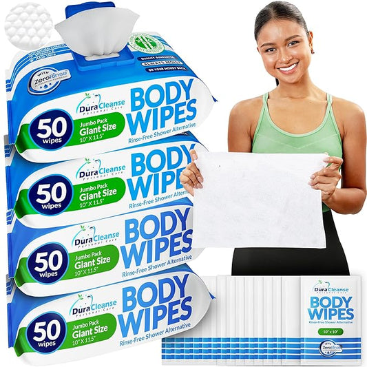 XL Body Wipes for Adults (4 Pack) 200 Shower Cloths + 16 Travel Sheets – 10" x 11.5" No Rinse Disposable Washcloths for Elderly Care, After Surgery & Recovery
