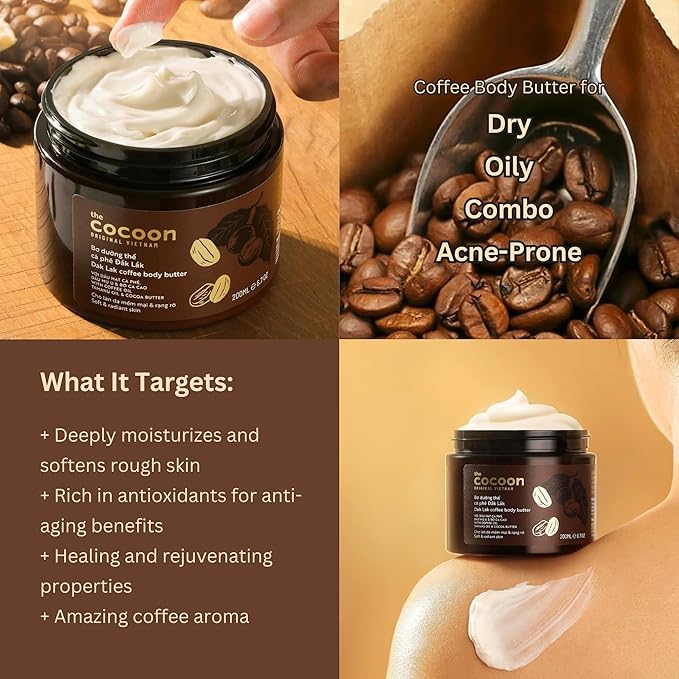 Cocoon Dak Lak Coffee + Cocoa Butter Body Cream for Dry Skin with Cocoa butter and Coffee oil, Deep Moisturizes (6.76 fl oz)
