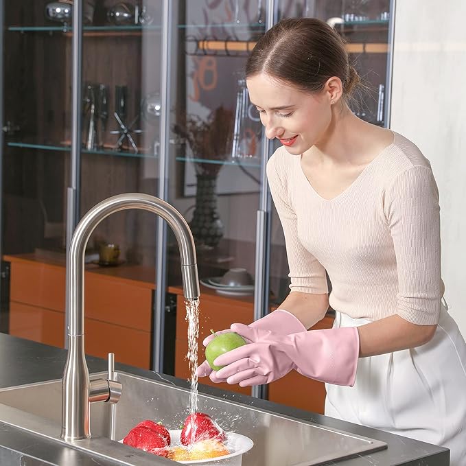 COOLJOB Medium Household Rubber Gloves with Cotton Liner & Non-slip Grip, Waterproof Long Lasting Dishwashing Gloves for Kitchen & Bathroom Cleaning, Light Pink, 1 Pair