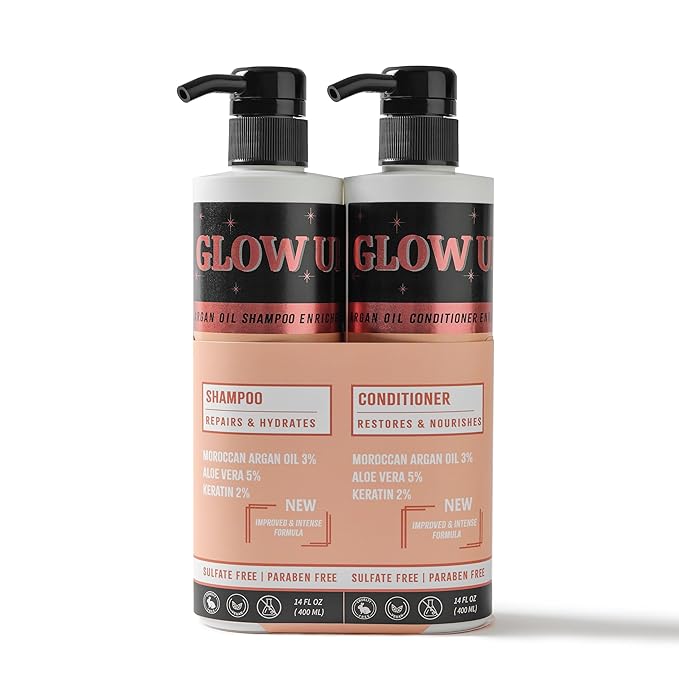 GLOW UP by Nurse Harvey's - Argan Oil Shampoo & Conditioner Set with Keratin & Aloe Vera, 14 fl oz Each – Repairs, Hydrates, Restores Shine – Sulfate Free, Paraben Free, Vegan & Cruelty Free