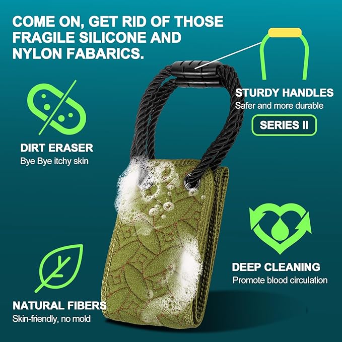 Exfoliating Back Scrubber for Use in Shower, 38.5 Inch Back Washer with Handles, Dual-Sided Body Exfoliator for Daily & Deep Skin Cleaning, Bath Back Scrub Washcloth for Men & Women (Green)