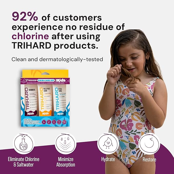 TRIHARD Kids Chlorine Hair and Body Protection Essentials for Swimmers | 3-in-1 Shampoo, Conditioner, & Body Wash for Children’s Sensitive Skin & Hair Pre and Post Pool or Ocean