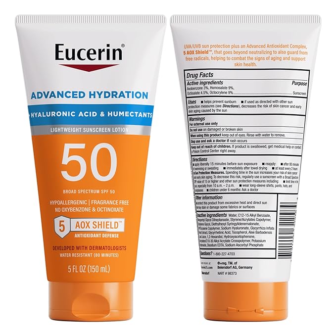 Eucerin Sun Advanced Hydration SPF 50 Sunscreen Lotion, Lightweight Sunscreen with Hyaluronic Acid and Humectants, Hypoallergenic, Fragrance Free, No Oxybenzone or Octinoxate, 5 Fl Oz Tube