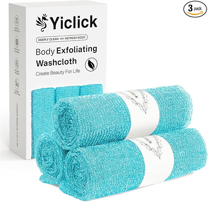 Yiclick Exfoliating Washcloth Towel, Japanese Exfoliating Bath Wash Cloth for Body Exfoliation, Korean Back Scrubber Washer for Shower, African Net Sponge Brush Loofah Exfoliator (Blue)