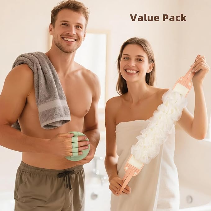3-Pack Bath Scrubber Kit: 2 Silicone Exfoliating Pats & Double-Sided Long Handle Back Scrubber Bath Puff for Deep Cleansing. (Pink & Green & Pink)