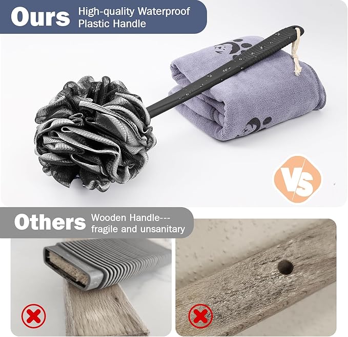 Non-Slip Back Scrubber with 17" Plastic Handle, Hand Shower Loofah & Loofah on a Stick Set, Black with White Edge