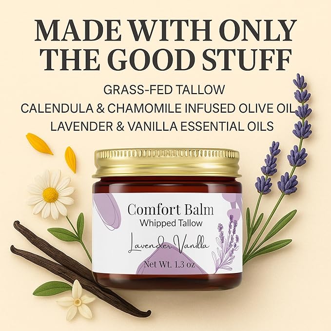 Whipped Tallow Balm – 100% Grass Fed Beef Tallow for Baby, Eczema & Sensitive Skin; Gentle Family Moisturizer for Dryness (Lavender Vanilla)