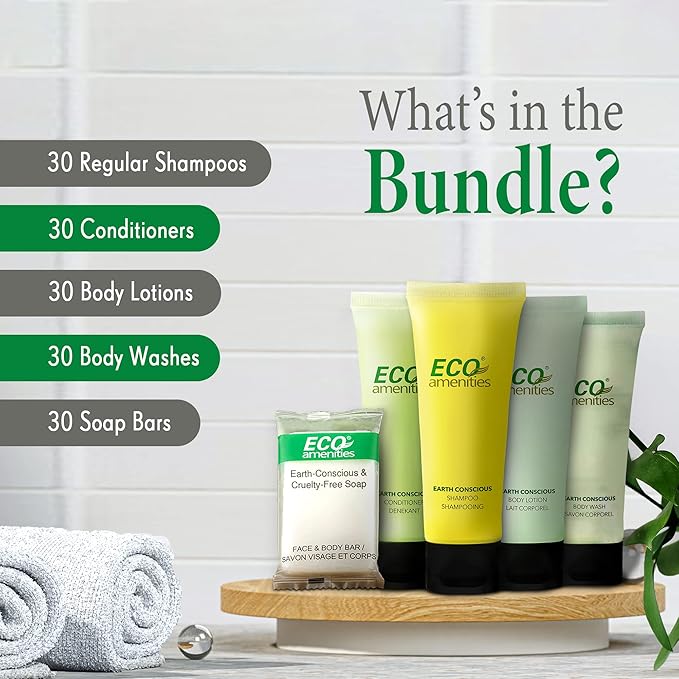 ECO amenities Travel Essentials Toiletry Kit - 150-Piece Hotel Toiletries Bulk Set - Shampoo & Conditioner Pack - Travel Body Wash & Bar Soap - 30ml Shampoo/Conditioner, 30ml Body Wash/Lotion,28g Soap