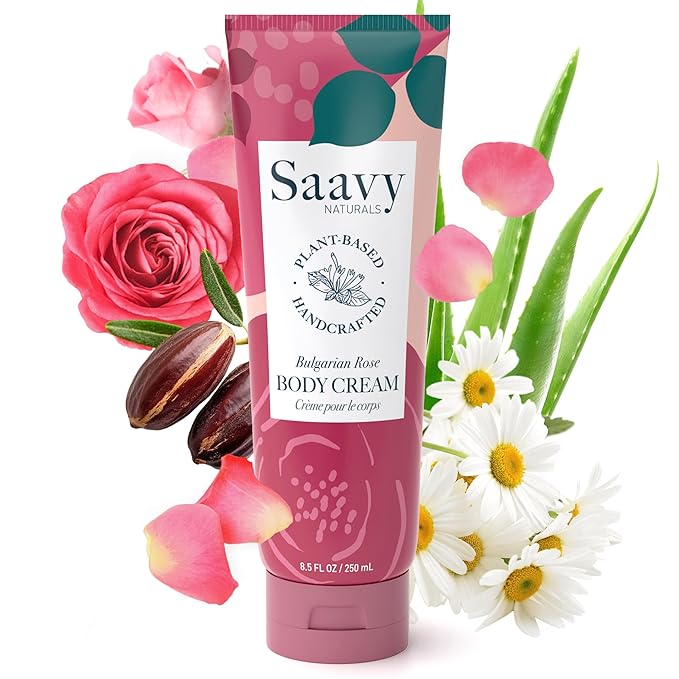 Saavy Naturals Body Cream | Made In USA | Absorbent Shea Butter Vegan Formula, Thick and Creamy Body Moisturizer, Body Lotion for Dry Skin- 8.5 Fl Oz (1, Bulgarian Rose)