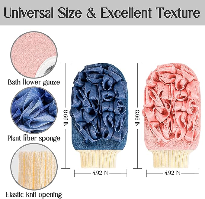 Deep Exfoliating Mitts (2pcs) Double-Sided Gloves for Shower, Body Massage Scrub & Bath Loofah Sponge，Skin Exfoliator, Dead Skin Remover (Pink & Blue)
