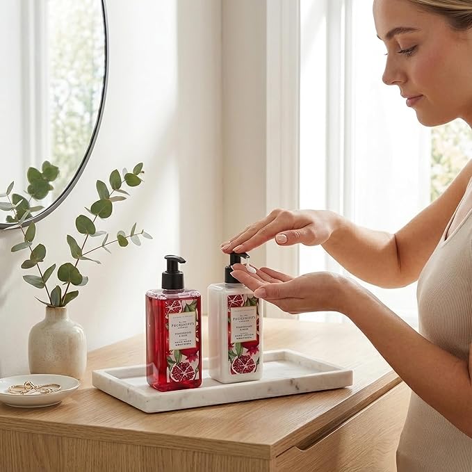 Pecksniffs Moisturizing Hand Wash and Hand & Body Lotion Caddy Set - Enchanted Winter Hand Care Duo, Pomegranate & Musk, Hard Box