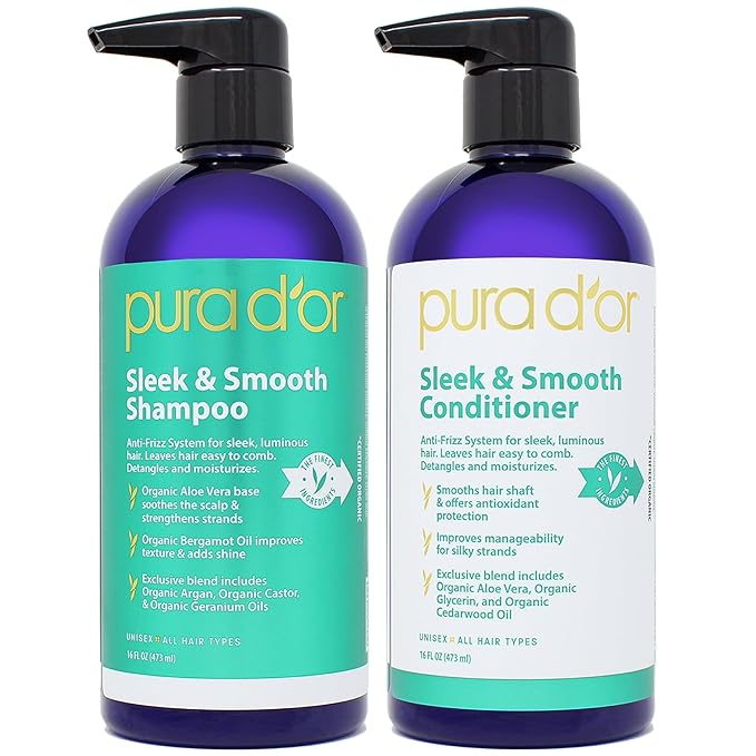 PURA D'OR Sleek & Smooth Shampoo and Conditioner Set For Frizz-Free & Silky Smooth Hair, Infused with Organic Aloe Vera, Argan Oil, Castor Oil, Bergamot Oil & Geranium Oil