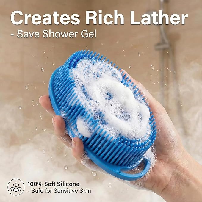 3-Pack Silicone Shower Scrubber for Body – Dual-Sided Loofah Brush with Ergonomic Handle, Fast-Drying Exfoliator – Black, Blue, Green